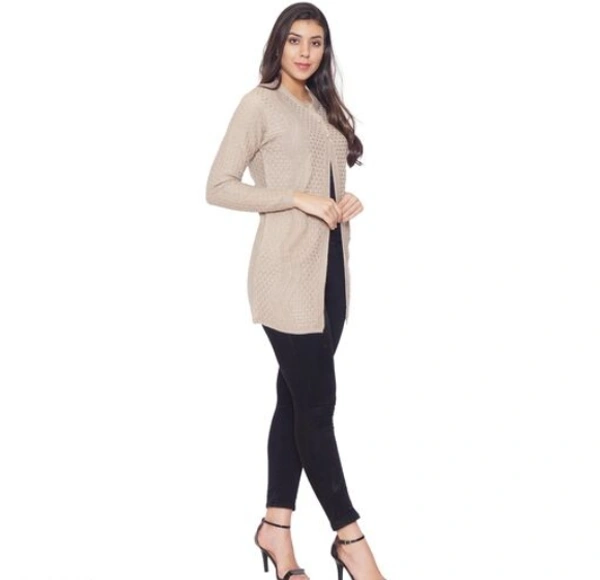 CALPTON Self Design/Knitted Design Acrylic Cream Full Sleeves Long Cardigan/ Shrug Beign - M, Cream, Acrylic, Pack of1